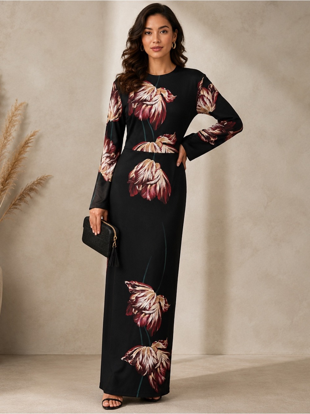 Annah Hariri Floral Maxi Dress Black Pink Long Sleeve Modest Lined US 18